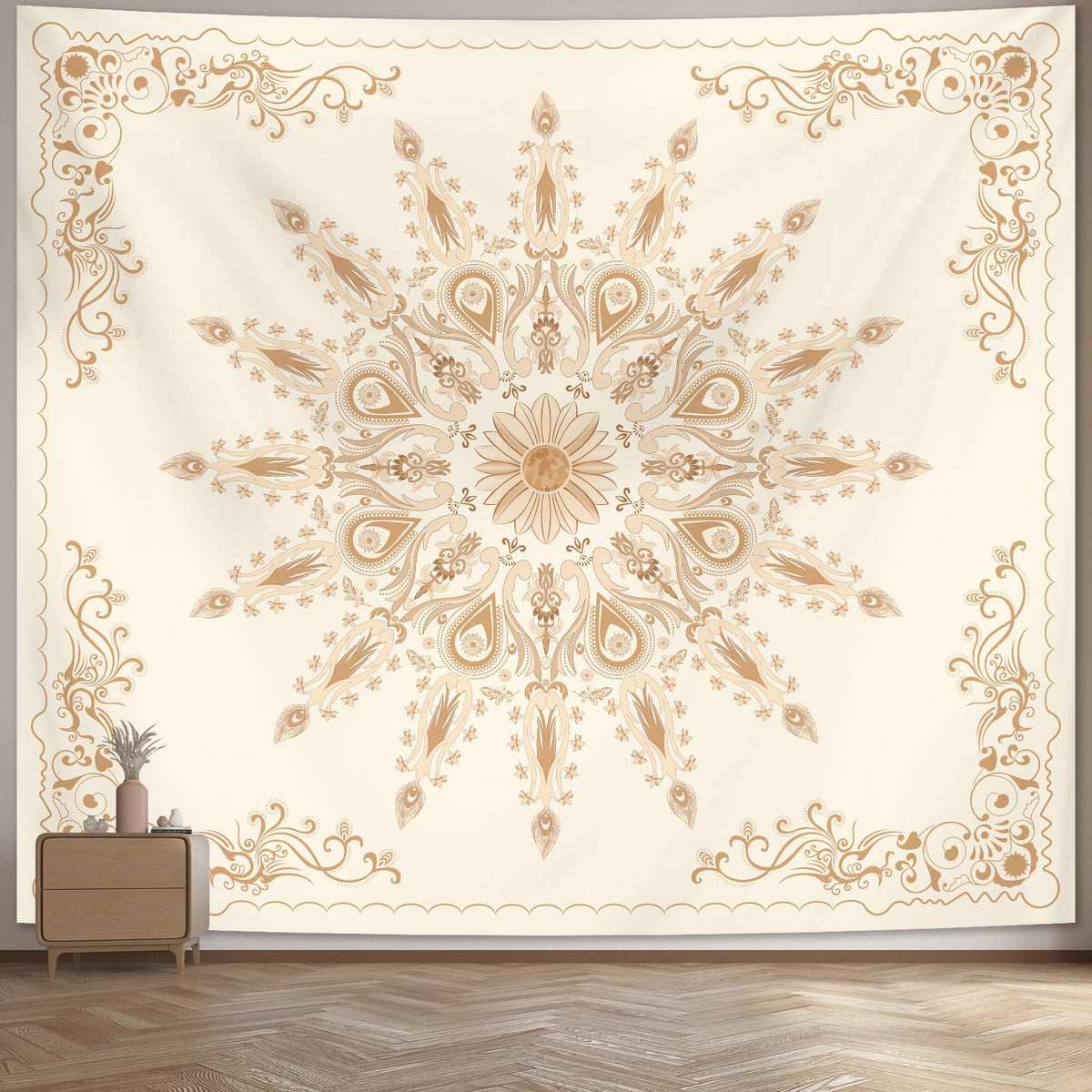Boho White Mandala Tapestry Wall Hanging for Bedroom (Beige Mandala Tapestry / 60"L x 51"W)
