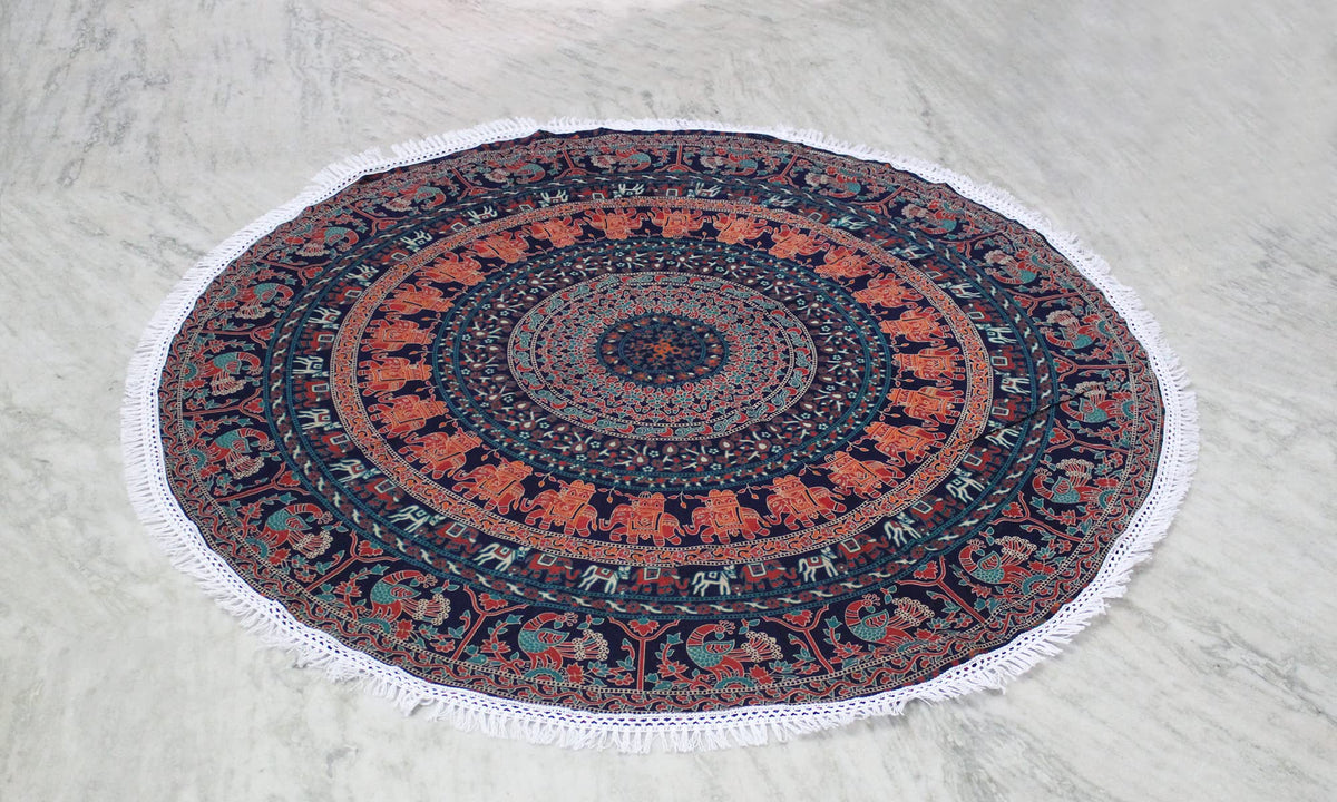 Round Beach Tapestry Turquoise Mandala Throw (3'6" (Round) / Brown)