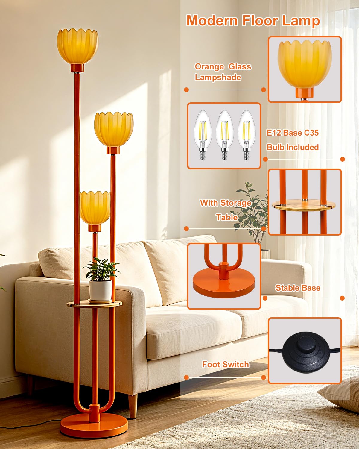 Orange Floor Lamp for Living Room Dimmable Glass Floor Lamps (87D1-Orange)