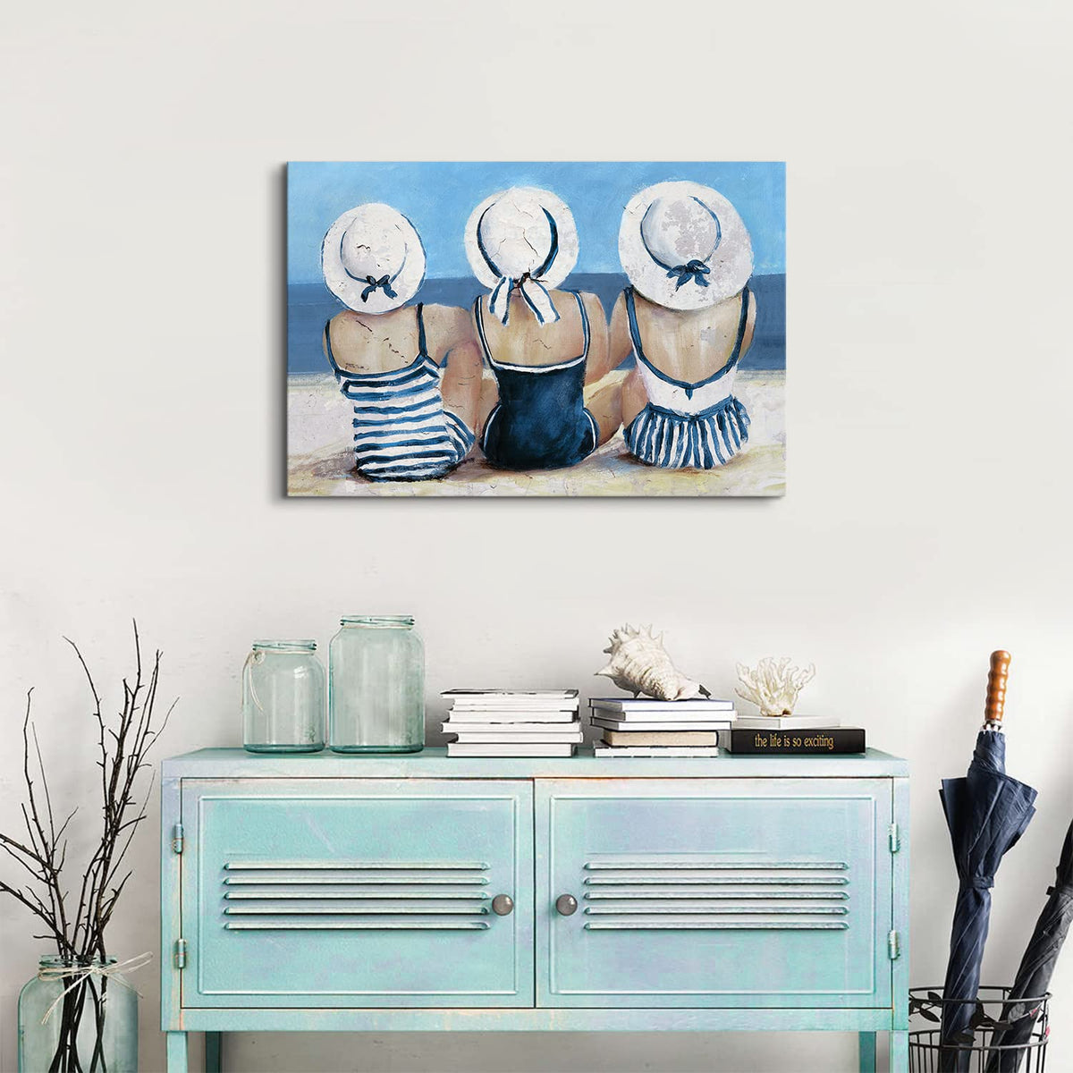 Navy Blue Coastal Canvas Wall Art Beach Wall Decor for Girls Bedroom Rustic Ocean Landscape Painting Bathroom Picture Nautical Seaside Swimsuit Poster Artwork Living Room Kitchen Decoration 20x30" (30"L x 20"W / Beach Girls)