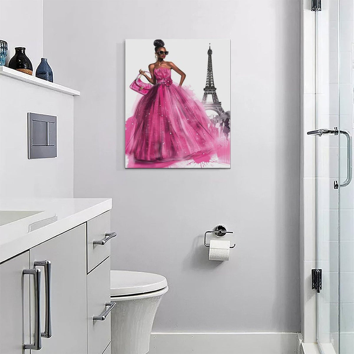 African American Canvas Wall Art Pink Dress Women Fashion Black Girl Pictures Decor Paris Eiffel Tower Painting Prints Modern Framed Artwork for Home Bedroom Bathroom Living Room Office 16"x20" (African American Eiffel Tower / 20"L x 16"W)