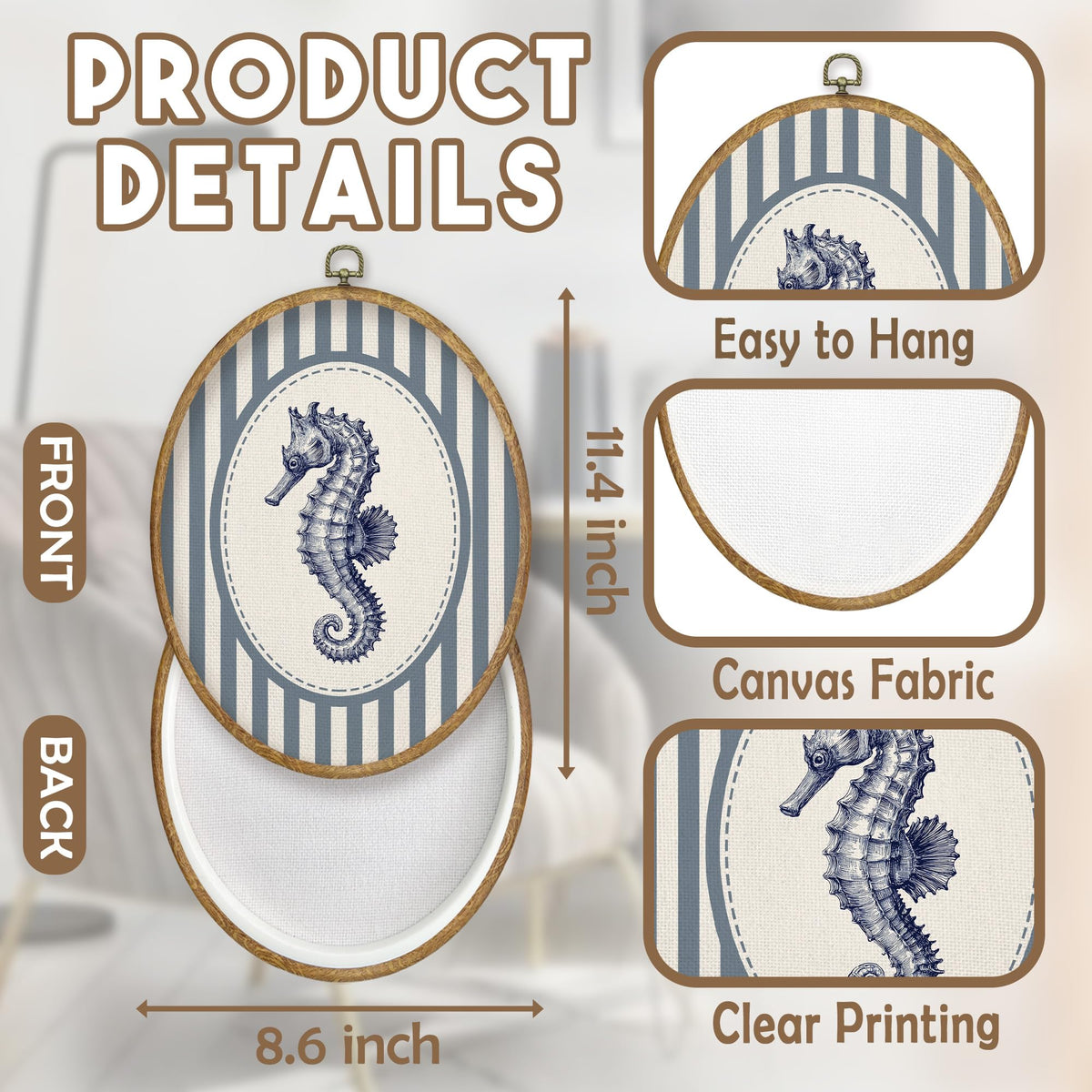 Blue Coastal Beach Seahorse Oval Wall Art Decor (Color054)