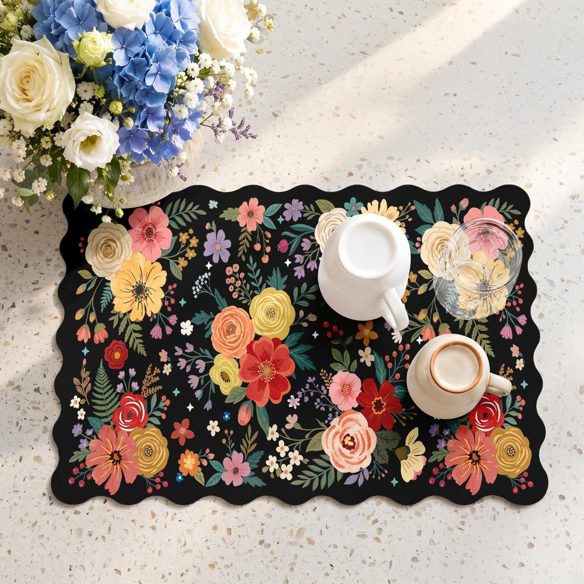 Scalloped Dish Drying Mat 2 (Dark Floral / 12x19 inch)