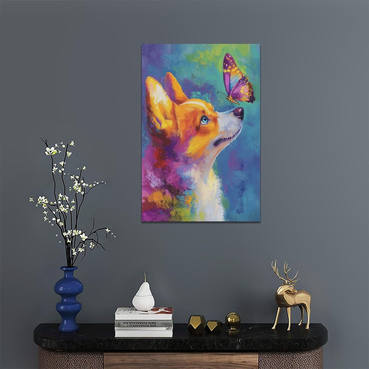 Corgi Kiss Butterfly Wall Art Dog Pictures Wall Decor Dogs Canvas Painting Print Home Modern Artwork Decorations Framed for Bathroom Living Room Bedroom Office 16 x 24 inch (24L" x 16W" / Corgi)