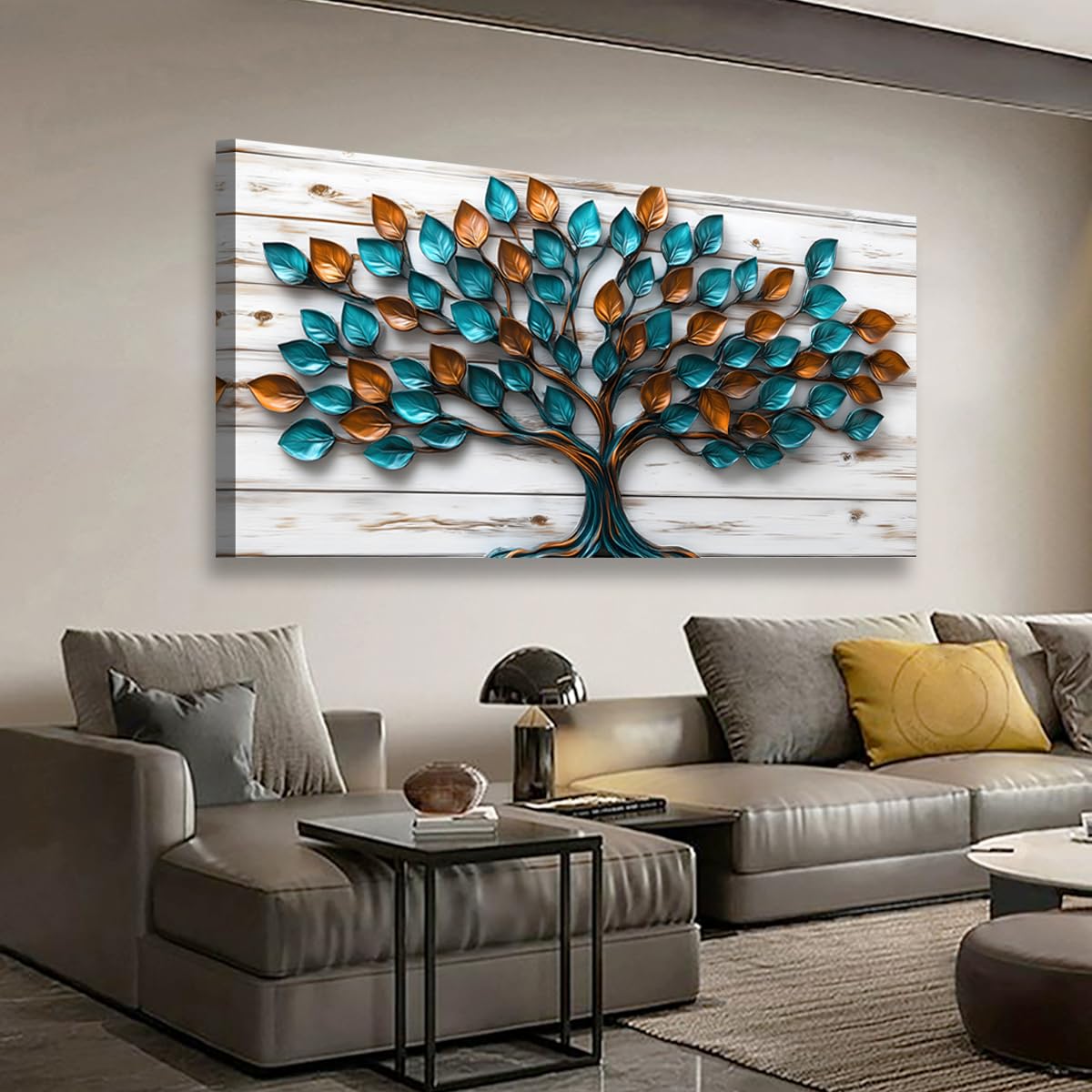 Tree of Life Teal Gold Tree Leaves Pictures Canvas Wall Art for Living Room Office Bedroom Abstract Wall DecorArt Print Paintings Modern Metal Tree Wood Plank Artwork Waterproof to Hang (40"L x 20"W / Teal Gold Tree Leaves)