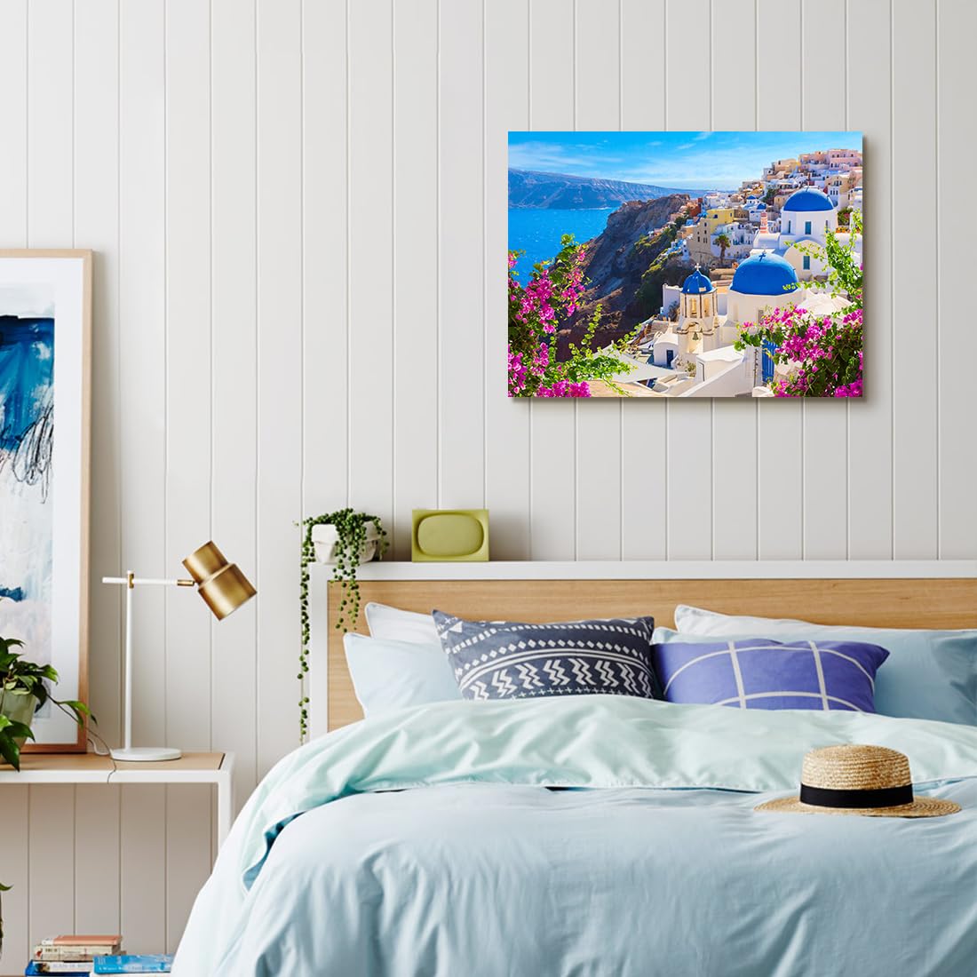Santorini Island Canvas Wall Art Greece Seascape Poster 12x16 Inch (Blue White Churches / 12"L x 16"W)