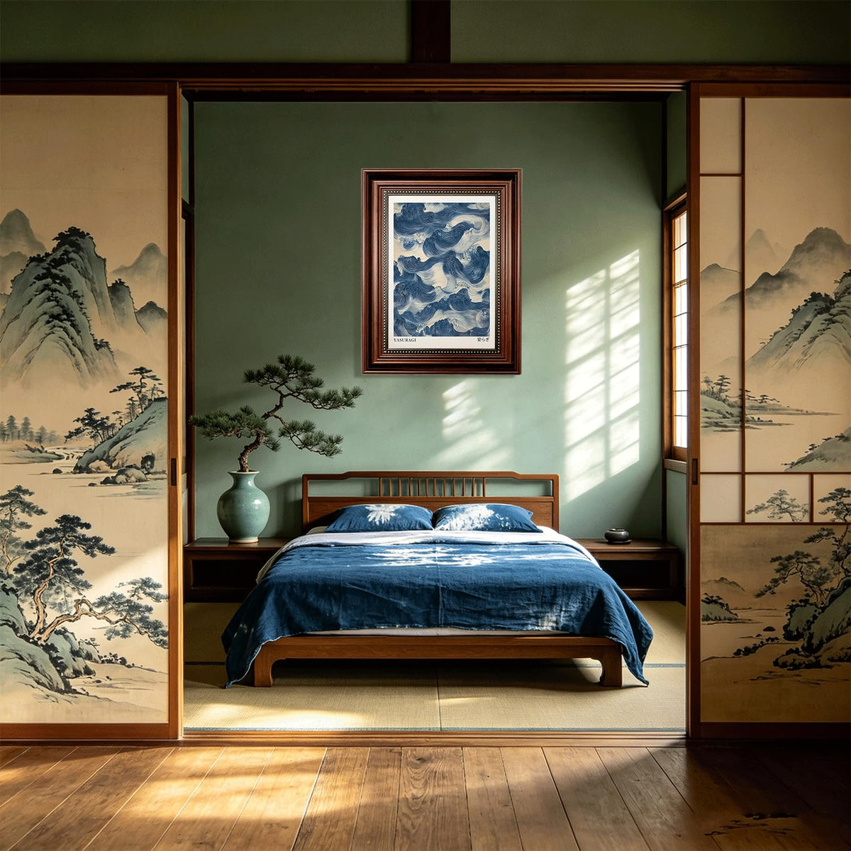 Dark Brown Framed Japanese Blue Waves Canvas Wall Art 16x24 in (Blue Waves / 24"L x 16"W)