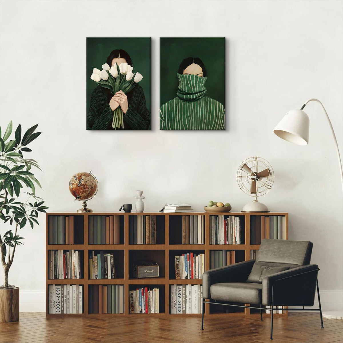 Vintage Emerald Green Abstract Woman Wall Art Funky Feminine Girl Aesthetic Canvas Wall Decor Person Holding White Tulips Picture Print Eclectic Bedroom Living Room Painting (Flower Woman / 24"L x 16"W)