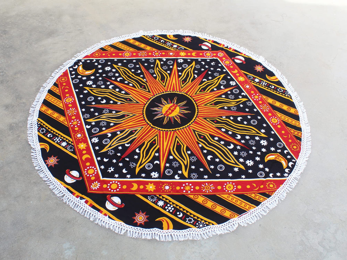 Round Beach Tapestry Turquoise Mandala Throw (3'6" (Round) / Yellow)