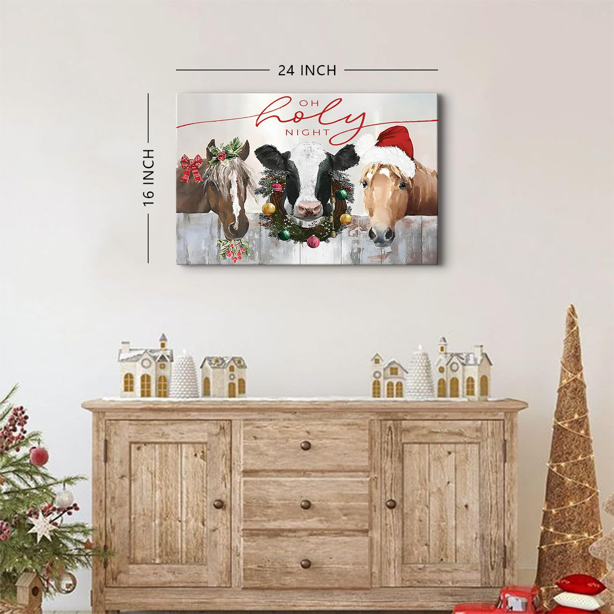 Farmhouse Farm Animal Wall Art for Christmas Home Decor Country Funny Highland Cow Horse Pictures Wall Decor Living Room Rustic Oh Holy Night Canvas Prints Poster Home Decoration Xmas Artworks 16x24" (24"L x 16"W / Vintage Cow)