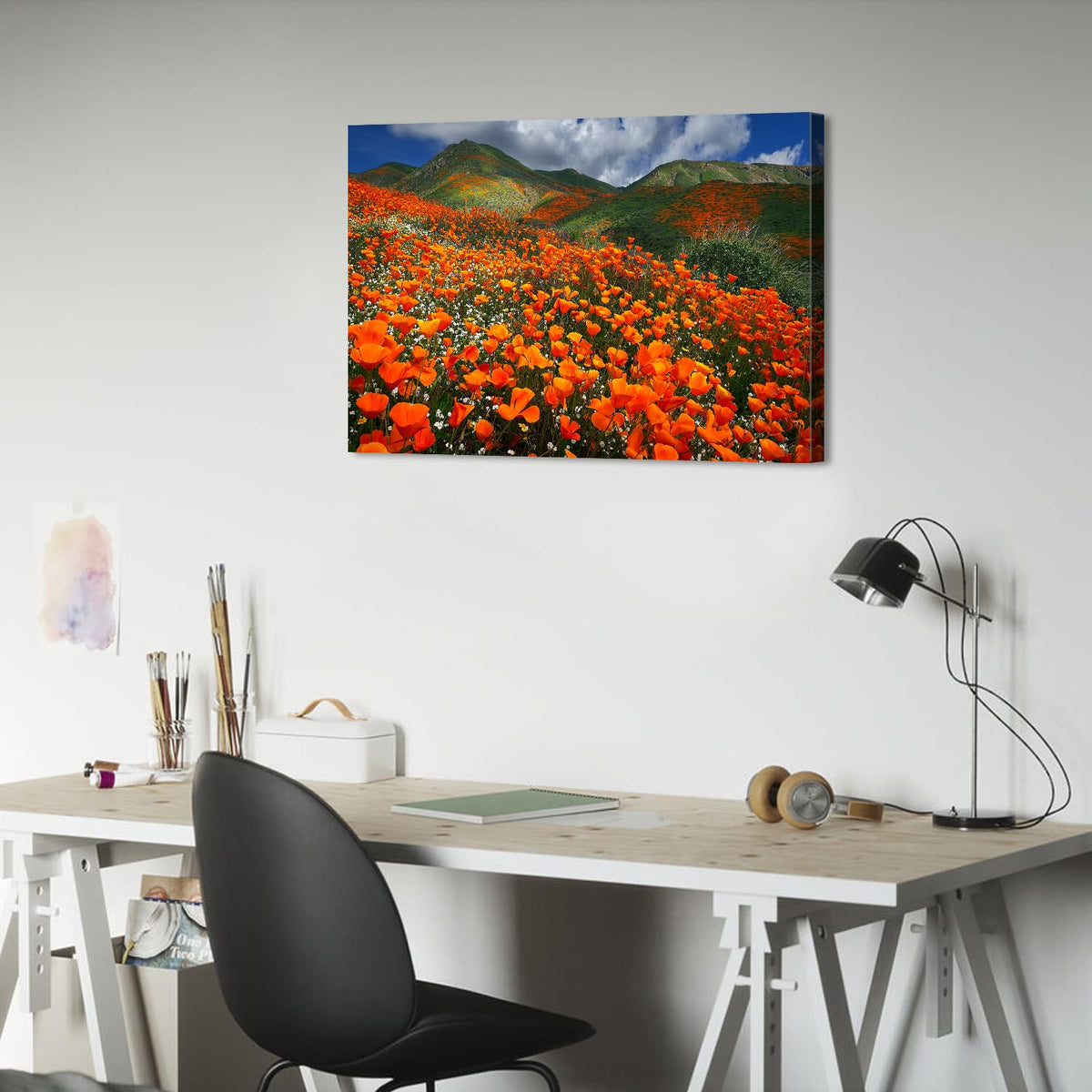 Nature Mountain Wall Art Poppy Wall Decor Poppies Flowers Scenery Picture Prints Photography for Living Room Office Bedroom Decoration Blossom Wild Floral Landscape Poster Artwork Home Decor 20x30” (30"L x 20"W / OrangePoppy)