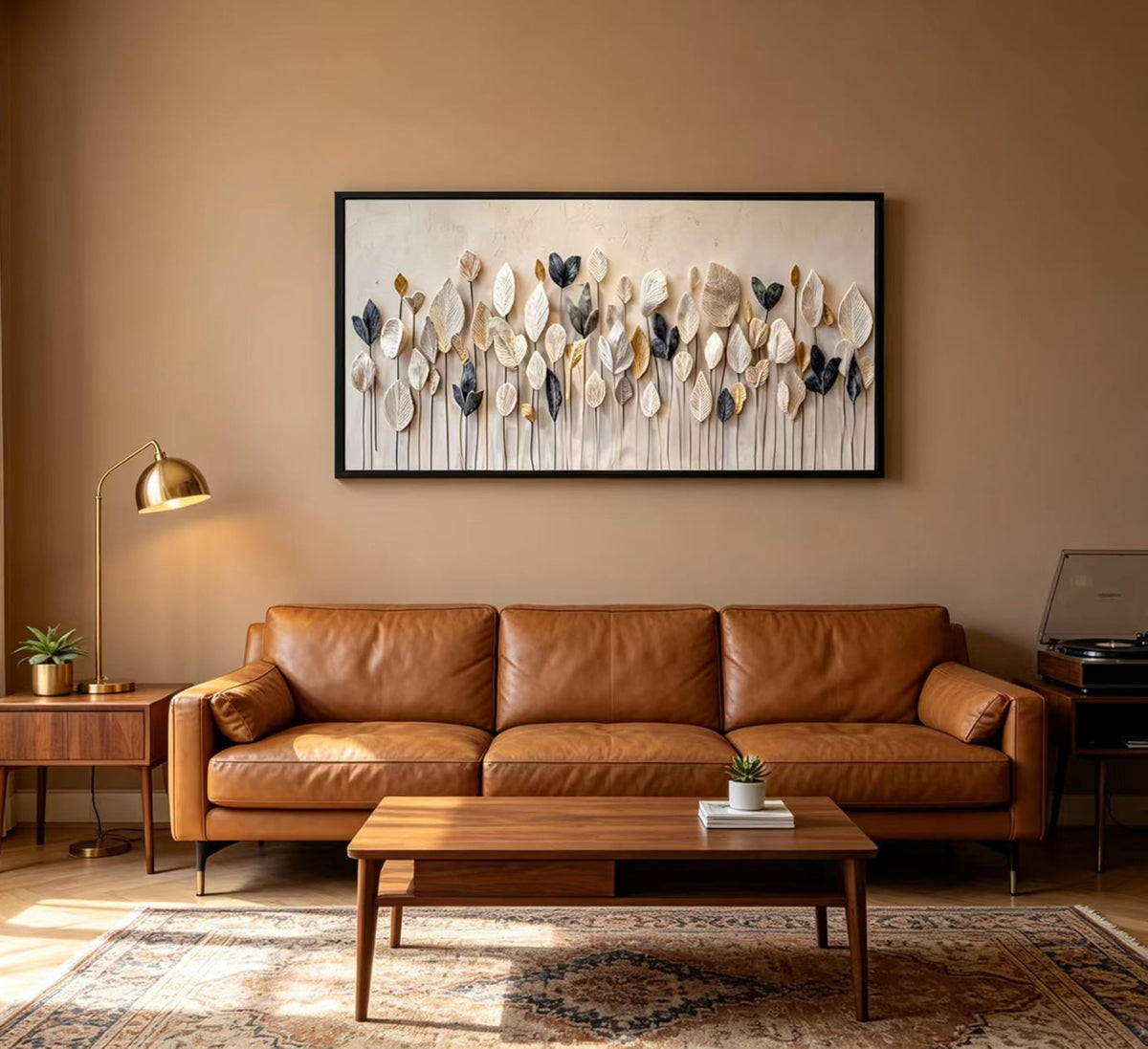 Large Framed Modern Boho Wall Art Textured Neutral Leaf Canvas Wall Decor Abstract Botanical Canvas Print (Boho Leaves / 40"L x 20"W)