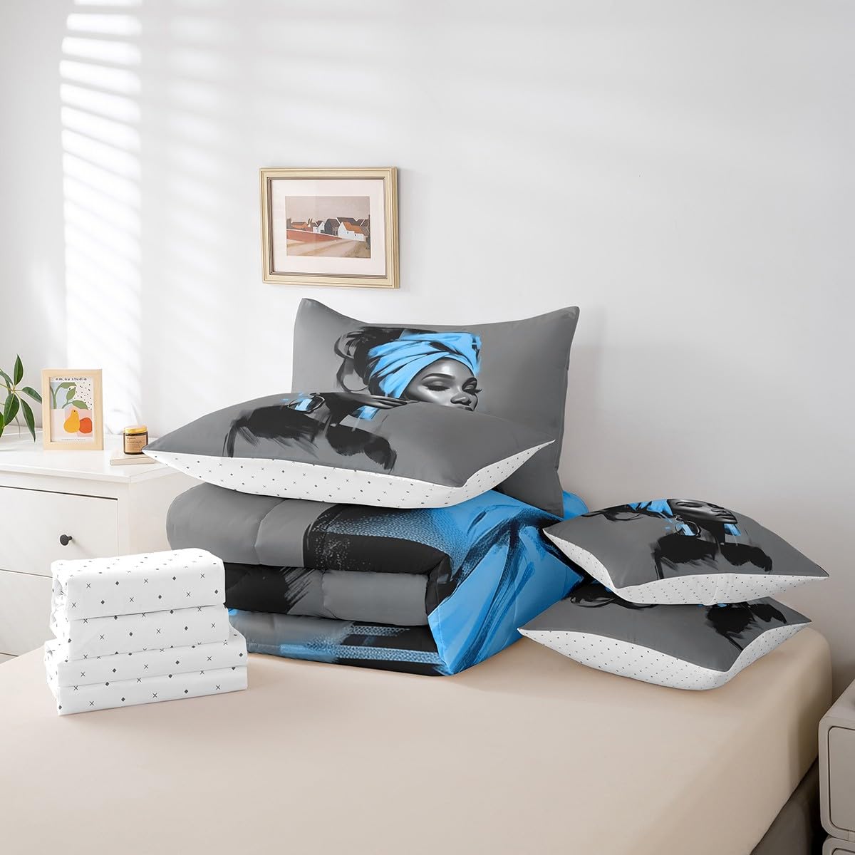Black Women Comforter Set with Sheets Full Size African American Woman 7 Piece Bedding Set All Season Teens Blue Abstract Bed in A Bag Breathable Soft Lightweight Modern Room Decor (Light Gray Blue / Full)