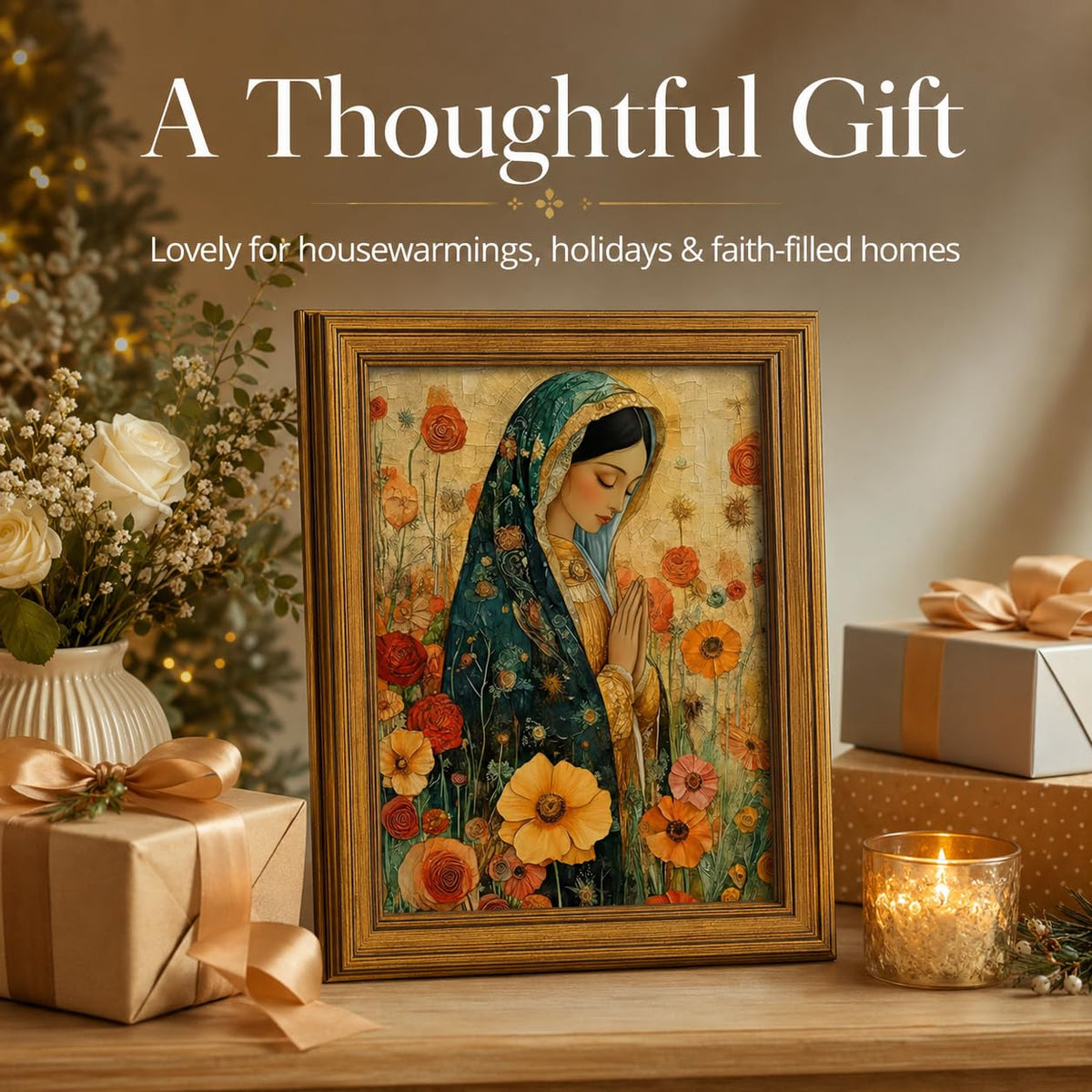 Gold Framed Our Lady Guadalupe Canvas Wall Art Christianity Virgin Mary Painting Picture Wall Decor Vintage Color Catholicism Spiritual Poster Print Artwork for Church Prayer Bedroom Home Decoration (Guadalupe A / 16"L x 12"W)