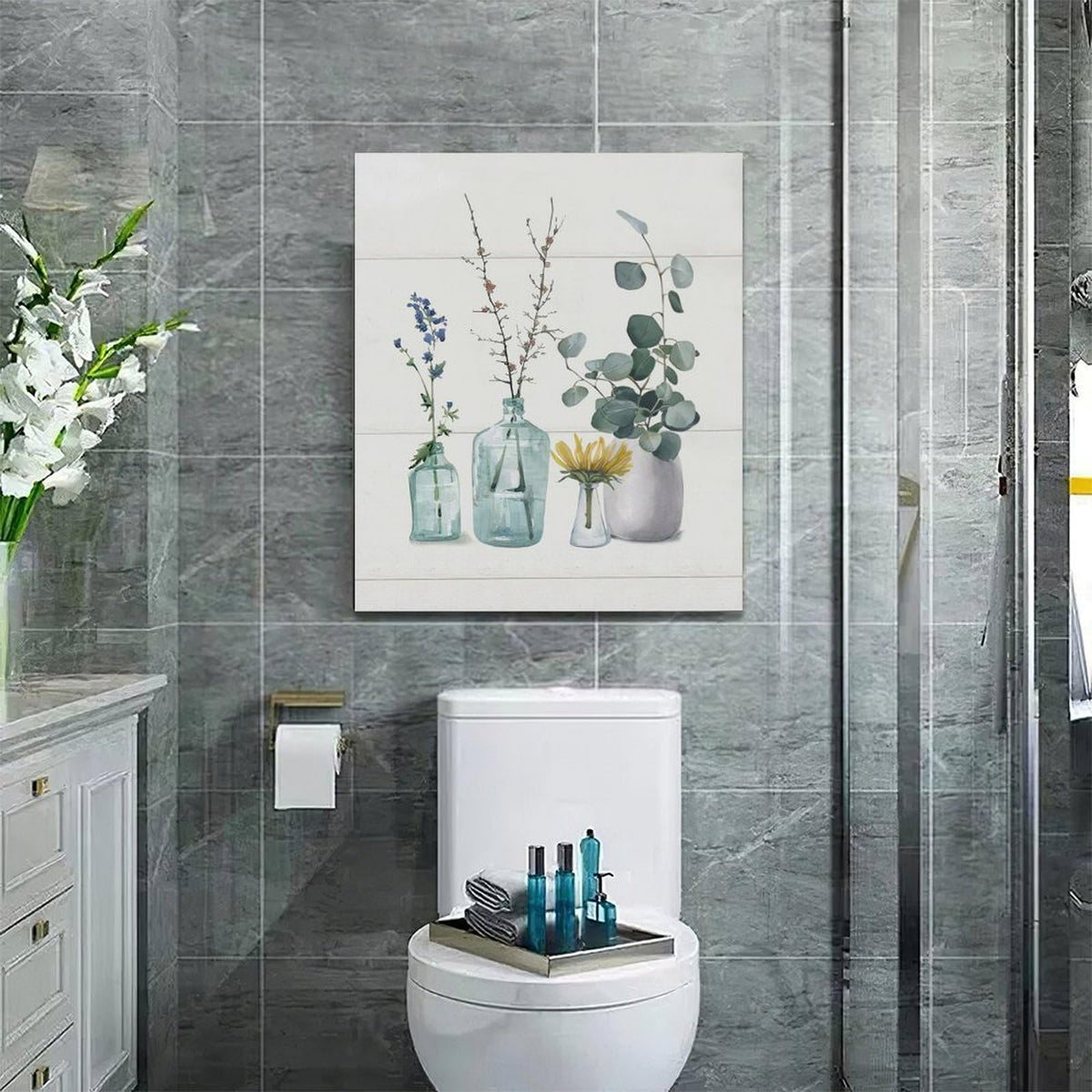Bathroom Wall Art Eucalyptus Pictures Wall Decor Bathroom Canvas Prints Flower Painting Framed Artwork Office Home Decor For Bedroom Dining Living Room 20"x24" (Vase-3 / 20"L x 24"W)