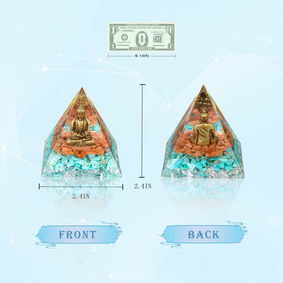 Little Buddha Statue in Healing Crystal Organite Pyramid (Blue / Medium)
