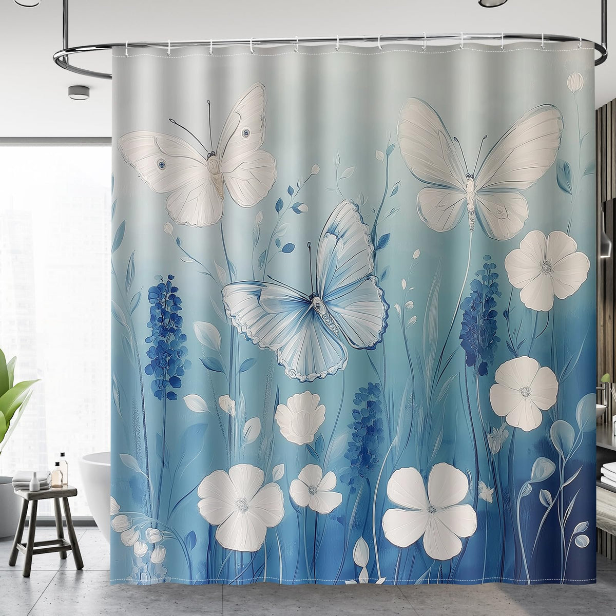 Butterfly Floral Shower Curtain White Flower Blue Gradient Dreamy Watercolor Aesthetic Botanical Bathroom Decor Bathtub Curtain Fabric Shower Curtain Set with 12 Hooks (White Blue Butterfly / 72"W x 72"L (Pack of 1))
