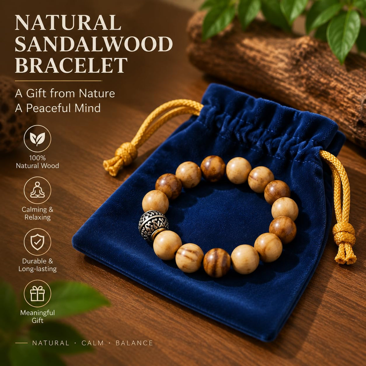12MM Palo Santo Bracelet with Sterling Silver for Women Men (12MM Palo Santo Bracelet)