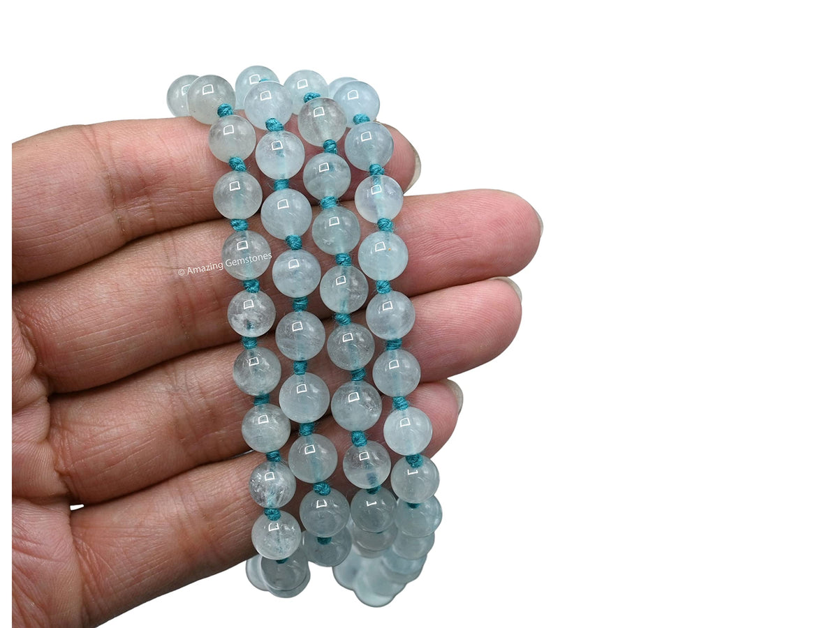 Aquamarine Buddhist Prayer Beads Japa Mala with 108 Meditation Beads (Hand Knotted / Aquamarine)