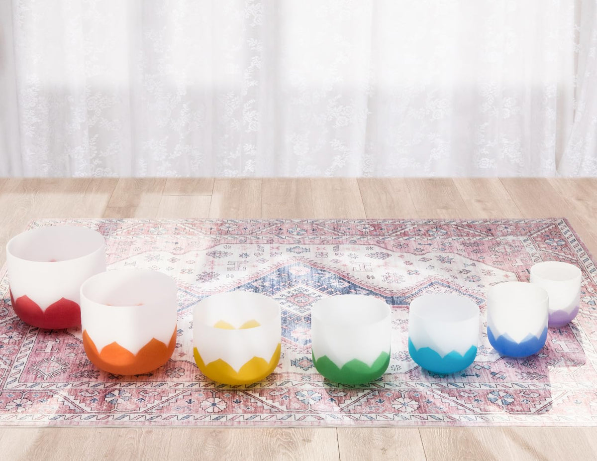 432Hz 6 12 Inch Set of 7 Lotus Quartz Crystal Singing Bowls with Gradient Colored Design (Set of 7 size, 6-12", A-G Note 432 hz / Lotus color)