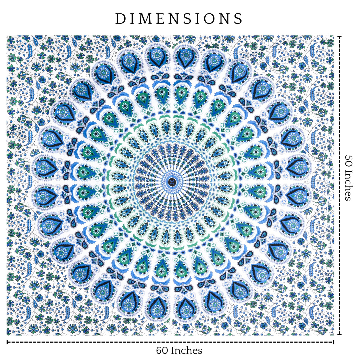 Peacock Tapestry Cotton Wall Hanging Hippy Tapestries Hippie Beach Throw College Dorm Decor Bohemian Boho Bedsheet 50 x 60 Inches (Sky Blue / 60"L x 50"W)