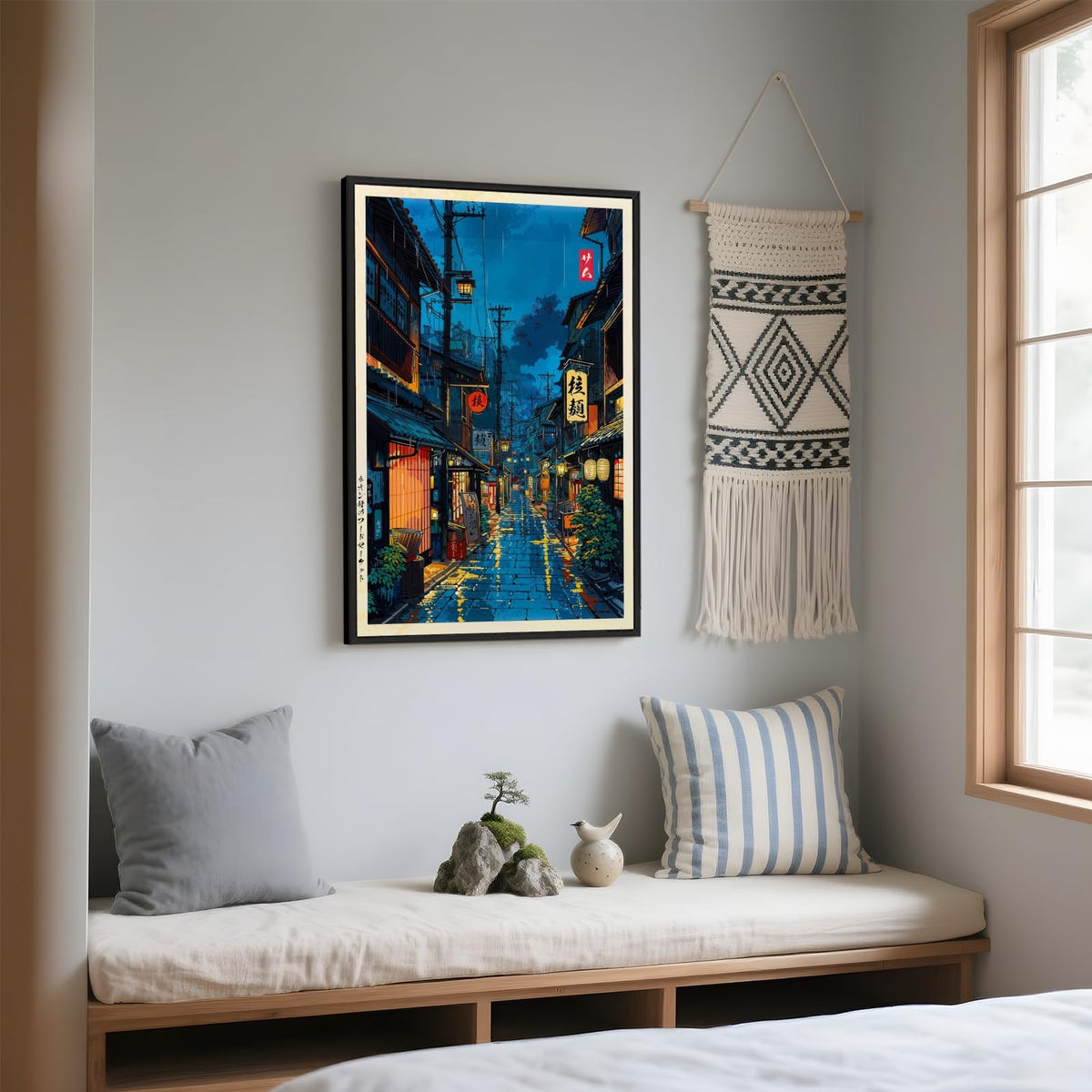 Japanese Tokyo Tea House Wall Art Poster Kyoto Night Street Art Canvas Print Retro Japan Illustration Decor Vintage Urban Street Scene for Bedroom Living Room Aesthetic 8x10inch Black Aluminum Frame (8"L x 10"W / style-1 Black Aluminum Frame)
