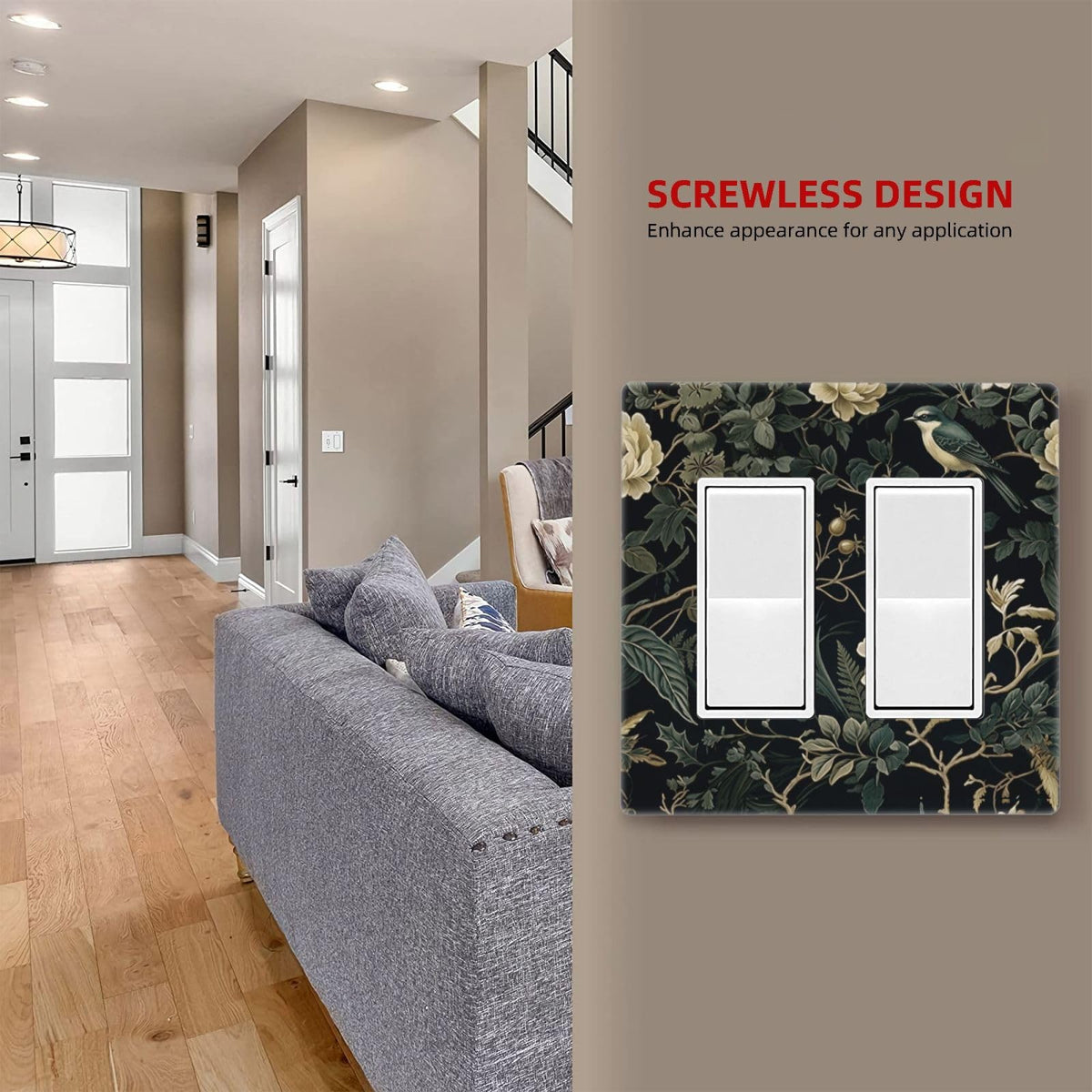 2 Gang Decorator Screwless Wall Plate Standard Size Leaf Light Switch Cover (Spring Black Boho Floral Leaf / 2 Gang Decorator Screwless)