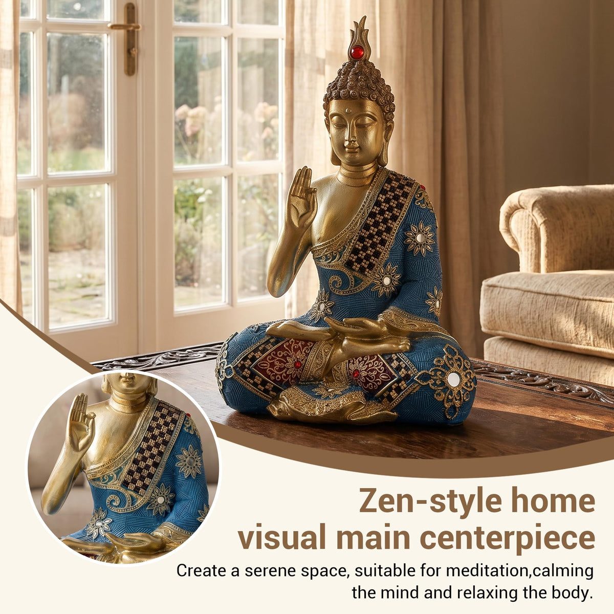 9.5 Inch Meditating Zen Sitting Thai Buddha Statue Figurines Sculpture Collectibles for Home Decor Room Office Indoor Spiritual Gifts (Blue/Gold)