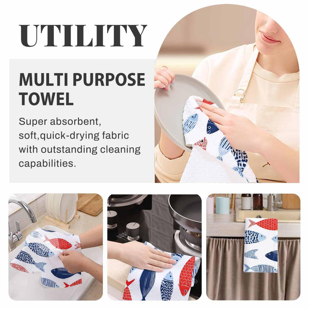Decorative Fish Waffle Kitchen Dish Cloths Colorful Vintage Nautical Beach Abstract Fishes Ultra Soft Absorbent Quick Drying Dish Towels 16 X 24 Inches Set of 2 (Decorative Fish)