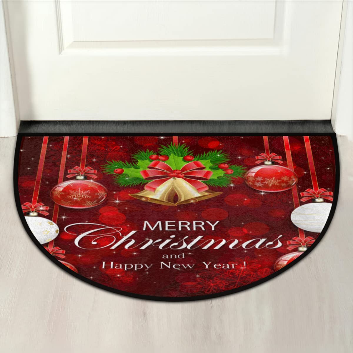 Christmas Red and Golden Bells Half Round Doormat Non Slip Indoor Outdoor Entrance Semi Circle Area Rug Durable Washable Half Moon Rug Front Floor Mat for Kitchen Patio Holiday Decoration (Z:christmas 1)