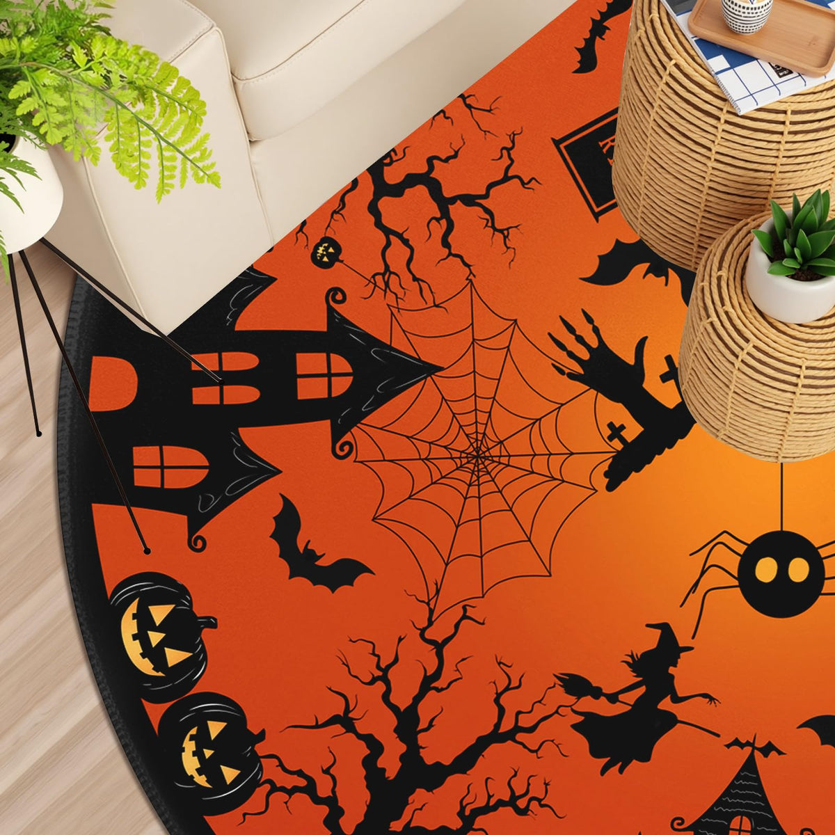 Halloween Round Area Rug 4ft (Spooky-orange / 4' (Round))