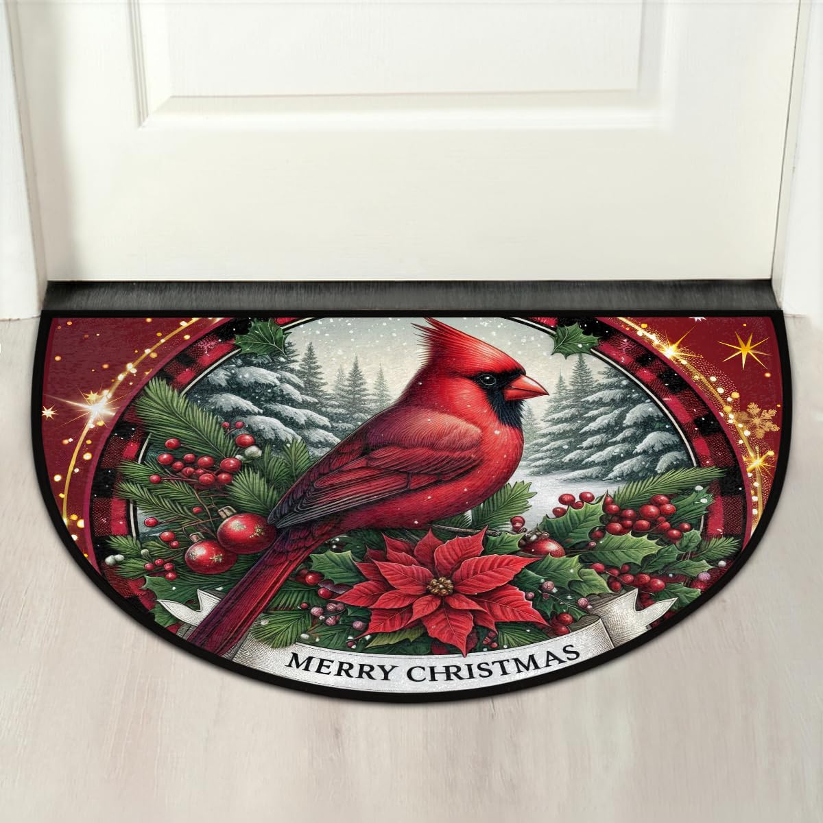 Christmas round red leader Half Round Door Mat Non Slip Washable Semi Circle Area Rug Absorbent Soft Half Moon Rug Floor Mat for Indoor Outdoor Kitchen Bathroom Patio Front Door Mat Decor (C5)
