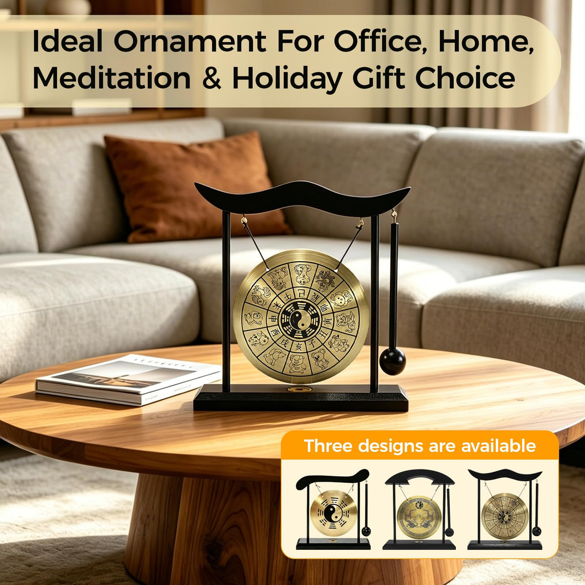 Gong Mini Desktop Copper Gong with Wood Mallet for Office Desk Zen Decor (Chinese Zodiac)