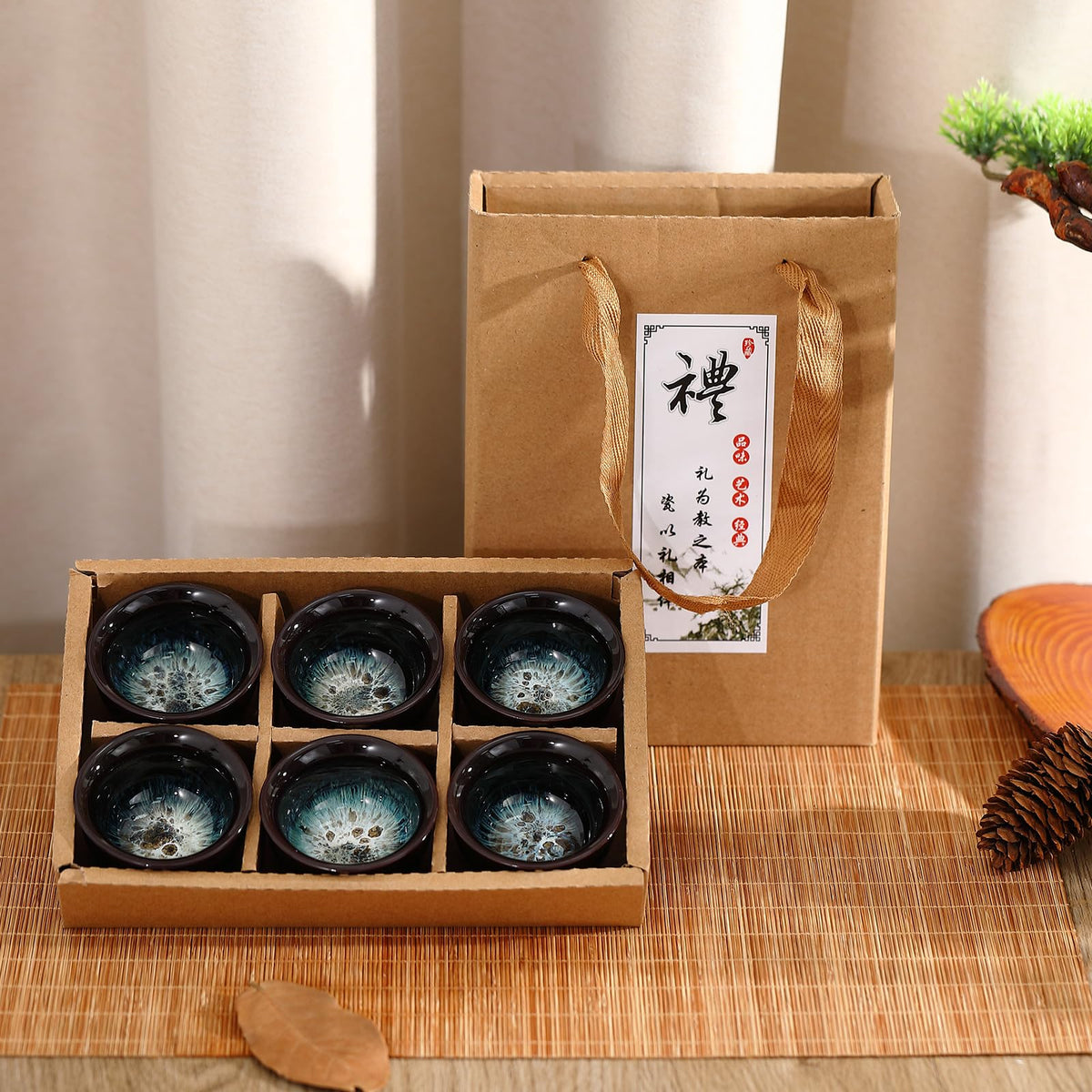 6 Pieces Korean Soju Shot Glasses Sets Porcelain Cups Korean Ceramic Cups Tea Accessories Drinkware (Sand Gold / Dark Brown / 50ml)