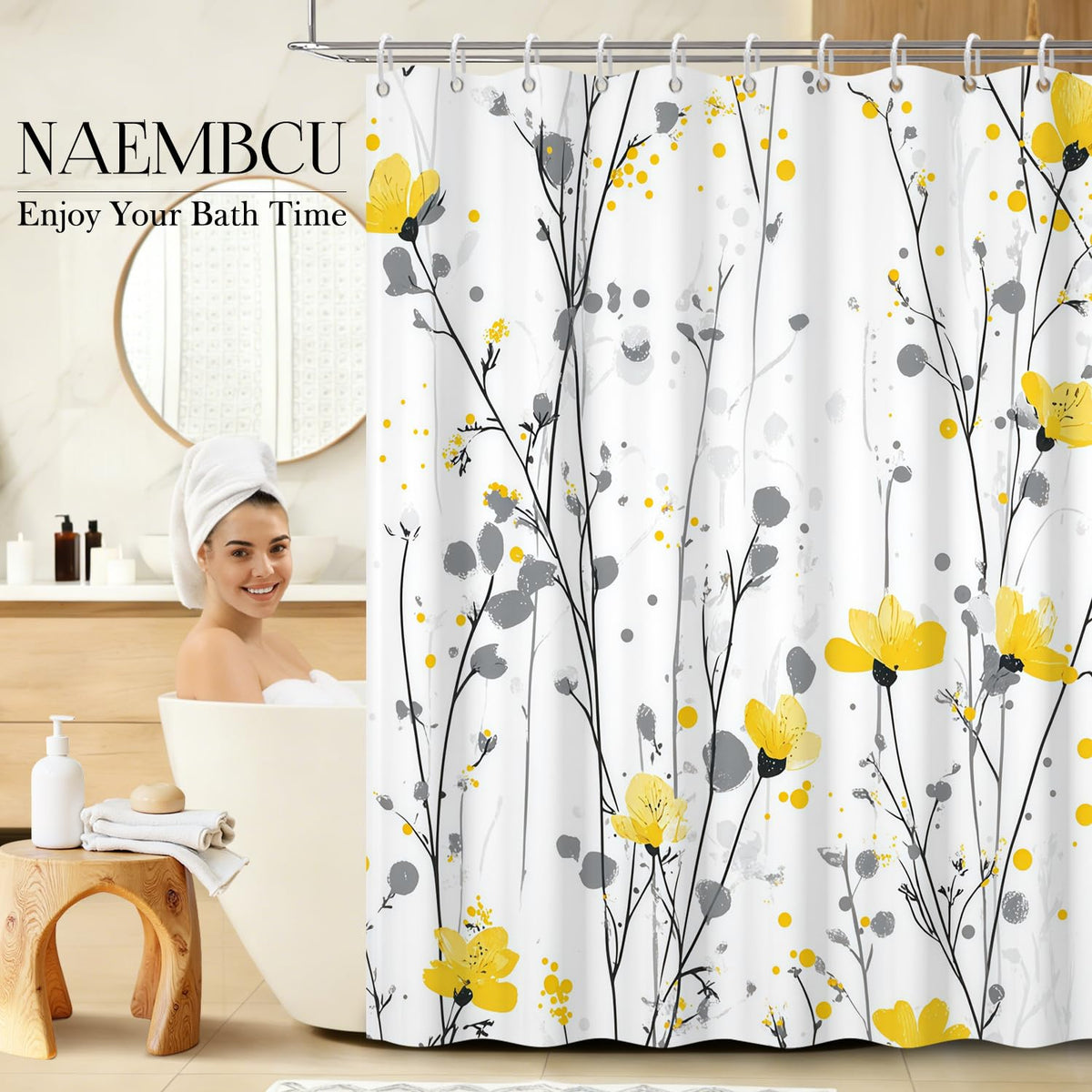 Extra Long Watercolor Floral Shower Curtain with Hooks (Yellow Flower / 72"W x 78"L (Pack of 1))
