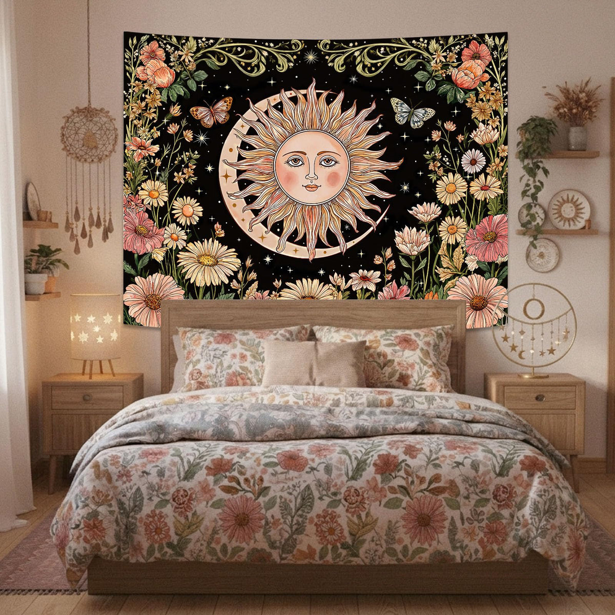 Boho Sun and Moon Vintage Daisy Floral Tapestry 80 x 60 Inch (Black Sun Daisy / 80"L x 60"W)