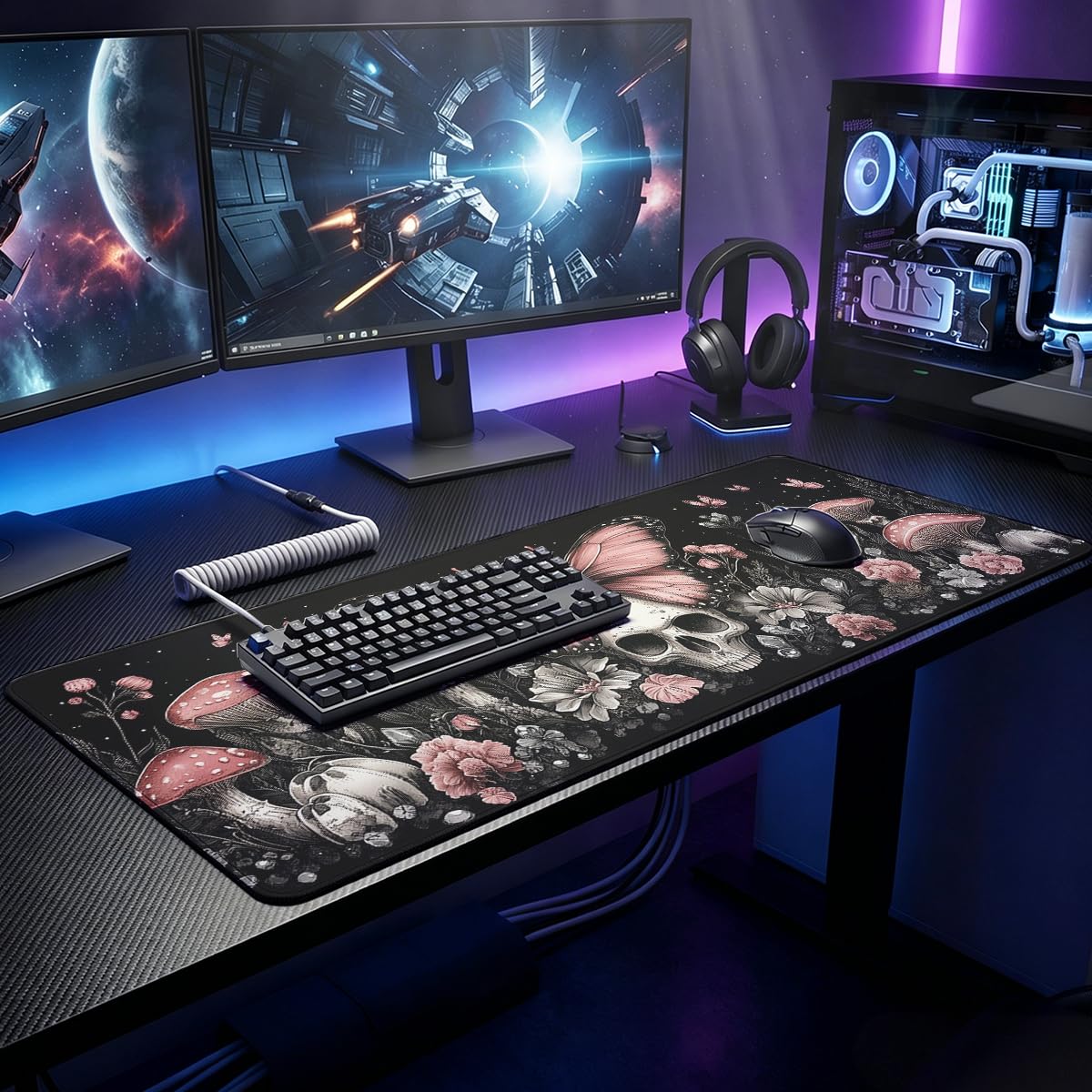 Gothic Skull Large Gaming Mouse Pad Pink Butterfly Mushroom Dark Floral Desk Mat (Gothic Skull / 35.4L x 15.7W inches)
