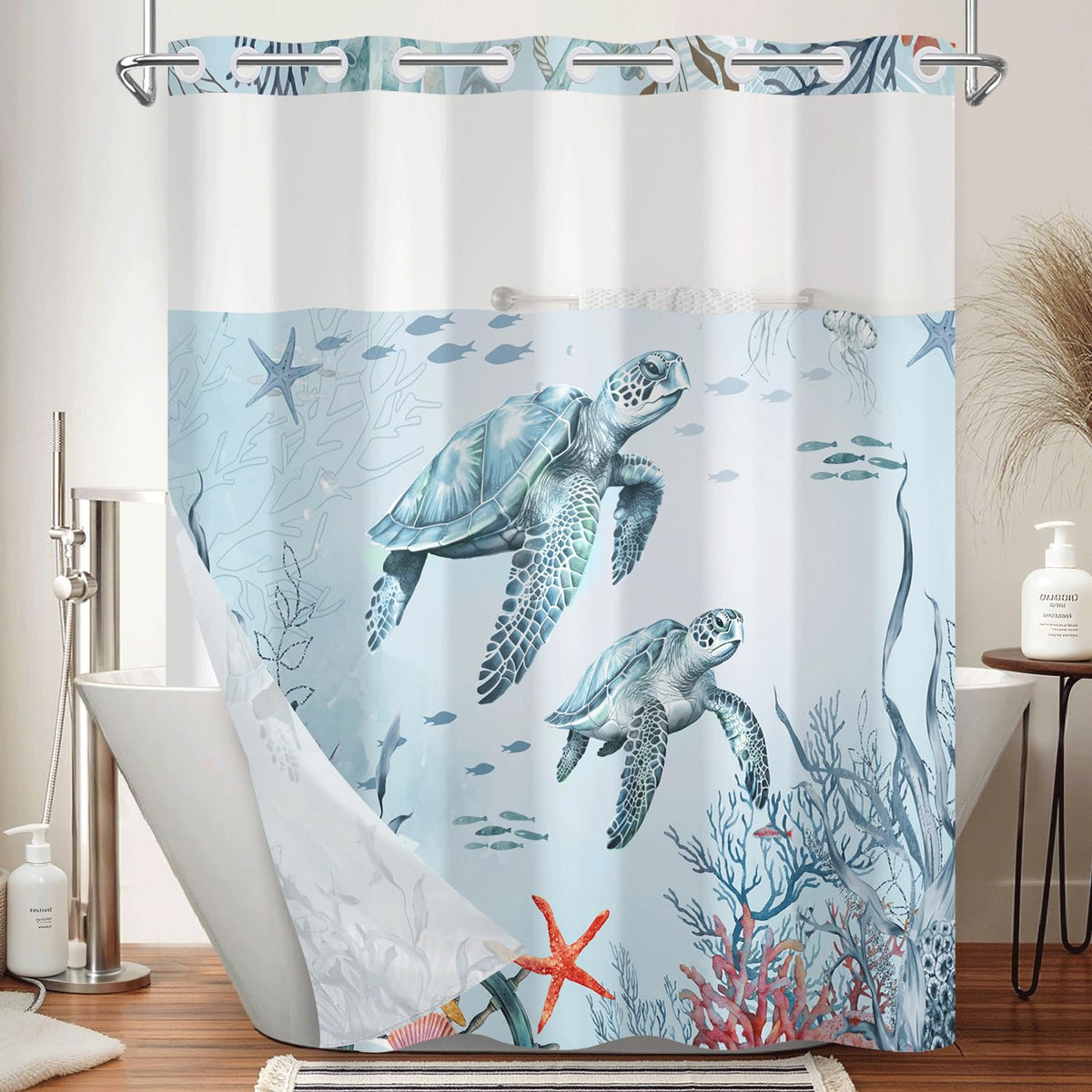 Ocean Sea Turtle Shower Curtain with Snap in Removable Liner (Turtle)