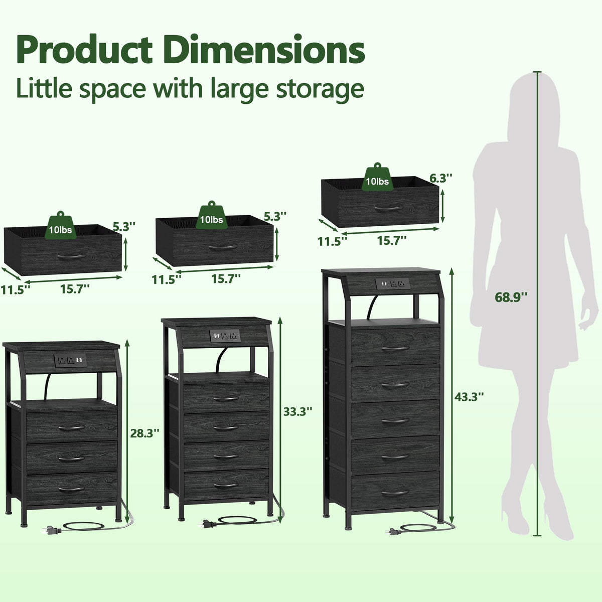 Night Stand with Charging Station (3 Drawer / Black Oak)