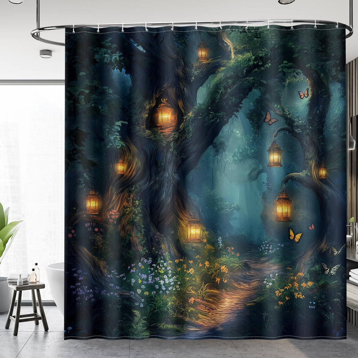 Enchanted Forest Shower Curtain Magical Woodland Lantern Fantasy Gothic Whimsical Mystery Fairy Tale Vintage Bathroom Decor Bathtub Curtain Fabric Shower Curtain Set with 12 Hooks (Enchanted Lantern Forestt / 72"W x 72"L (Pack of 1))