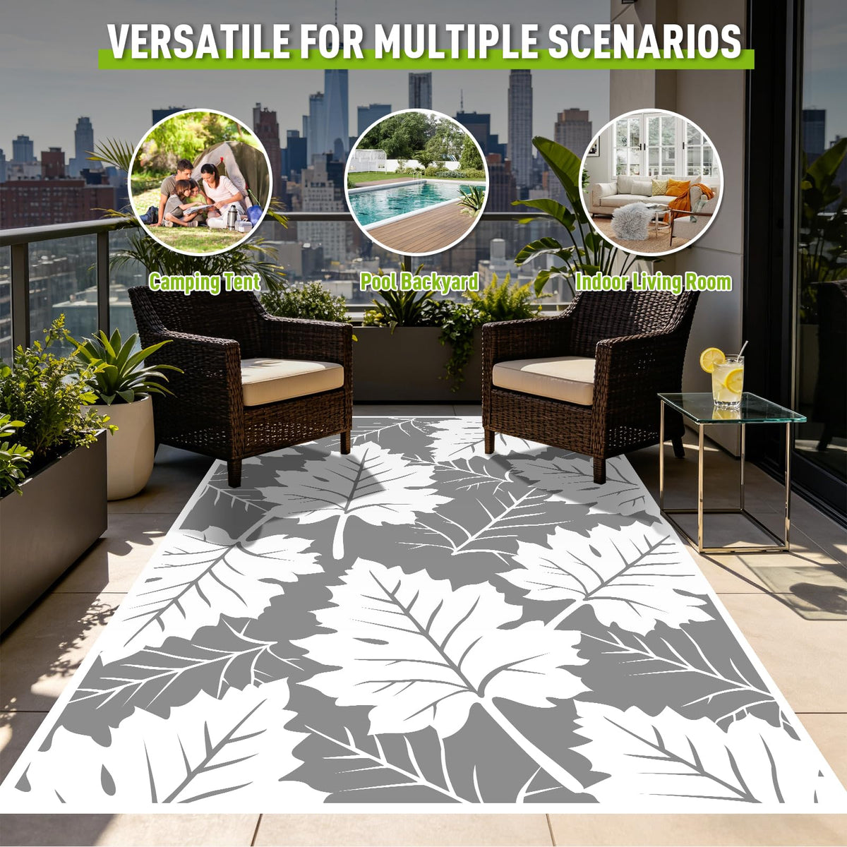 Outdoor Rug 4x6 ft Waterproof plastic Mat For RV Backyard Deck Patio Grey (Maple Leaf / 4x6 Feet)