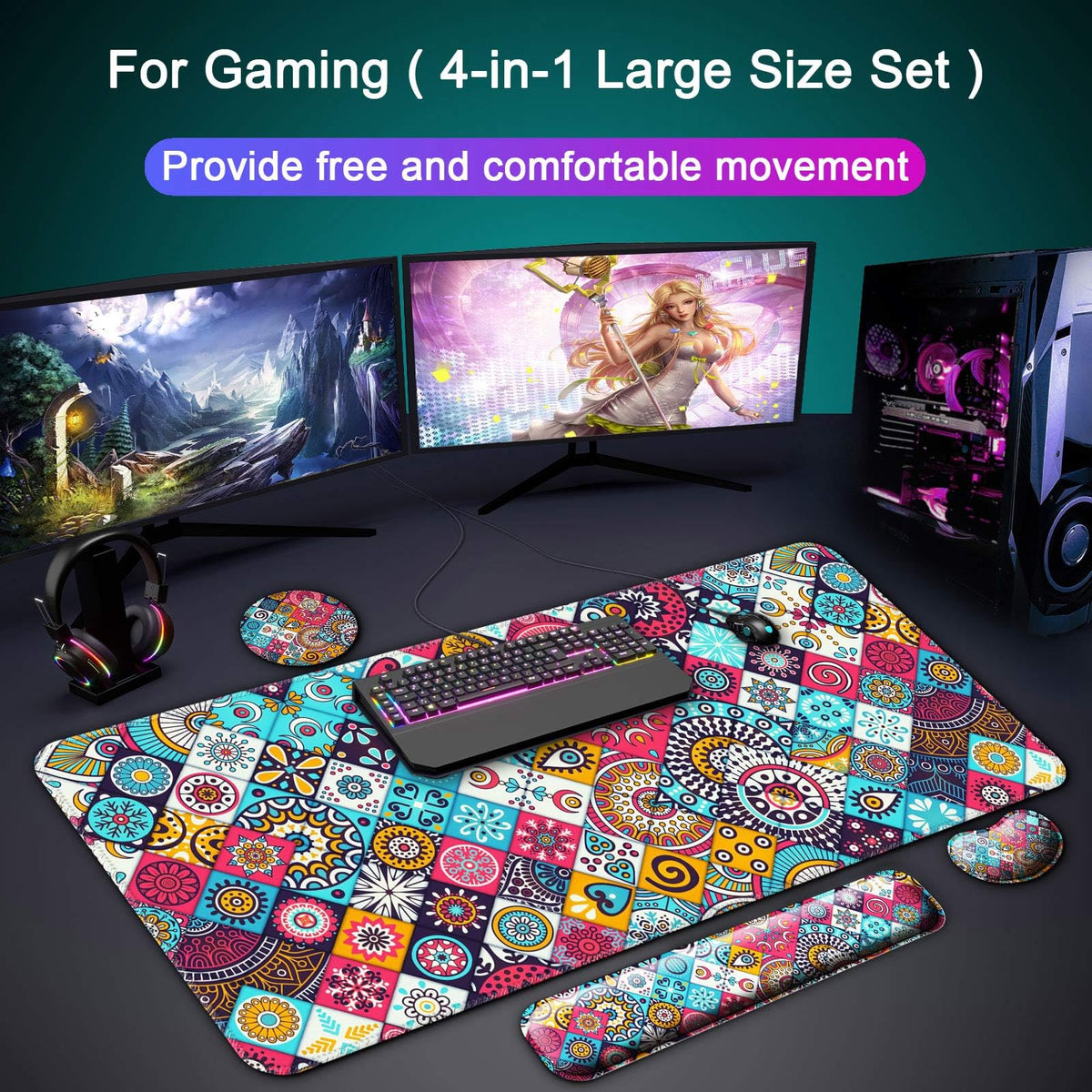 4 in 1 Mouse Pad and Keyboard Wrist Rest (K1-mandala)
