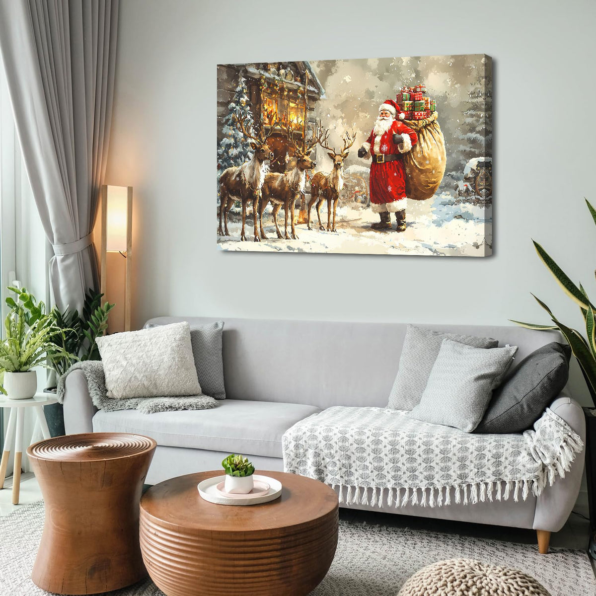 Santa and Reindeer Wall Art Christmas Wall Decor Farmhouse Deer Canvas Prints Pictures Vintage Winter Christmas Tree Landscape Painting Artwork for Kitchen Dining Room Home Decorations 32x48" (48"L x 32"W / Santa Claus)