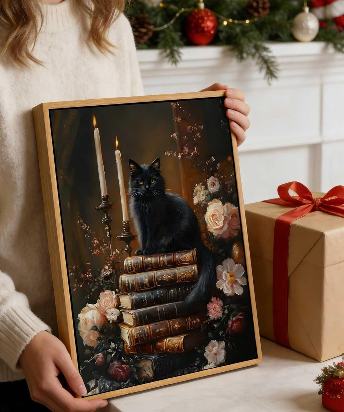 Framed Dark Academia Moody Wall Art Victorian Black Cat Wildflower Book Floral Wall Decor Picture Gothic Vintage Antique Aesthetics Poster Prints for Gallery Library Bookstore Decoration 12x16in (Black Cat / 16"L x 12"W)