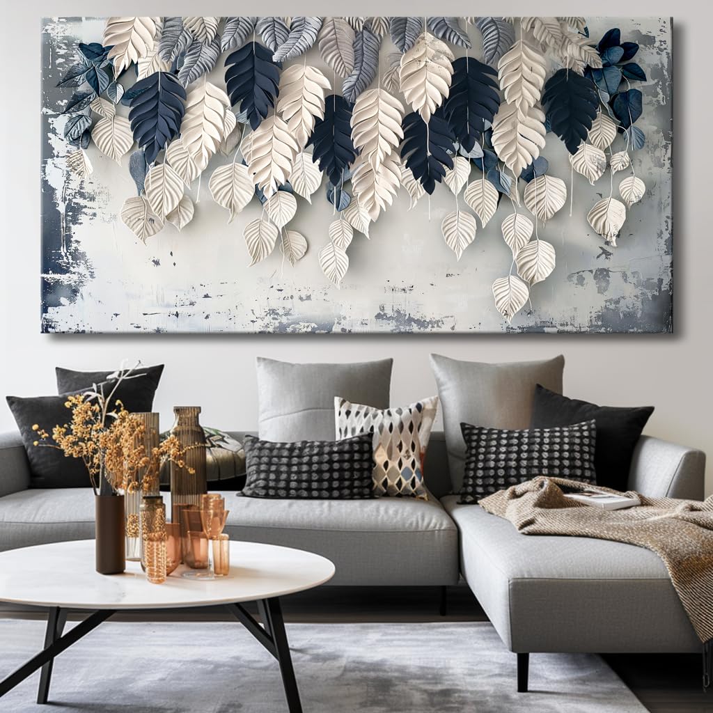 Wall Art Leaf Botanical White and Blue Modern Artwork Canvas Painting for Living Room Bedroom Dining Room Home Office Decor 71"x36" with Framed (70.9"L x 35.4"W / Leaf 01)