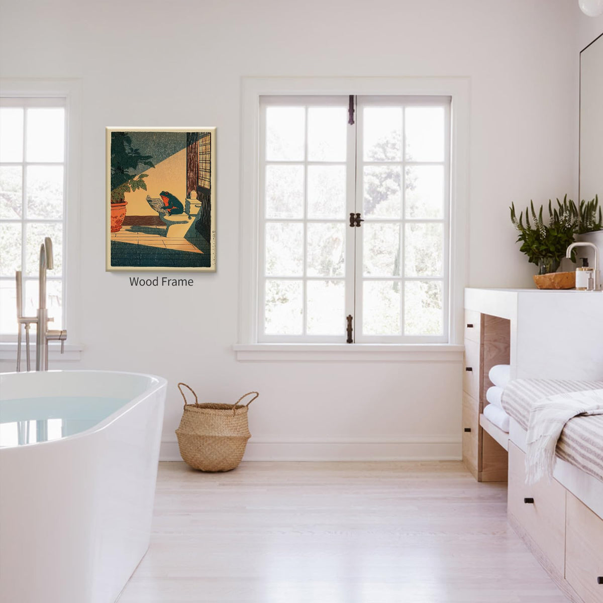 Japanese Frog Framed Wall Art Cute Animal Canvas Print Funny Frog On The Toilet Reading Newspaper Posters 24x36 inch Vintage Japan Painting Decor for Oriental Asia Bathroom Restroom Ready to hang (Wrapped Canvas / Japanese Frog / 36"L x 24"W)