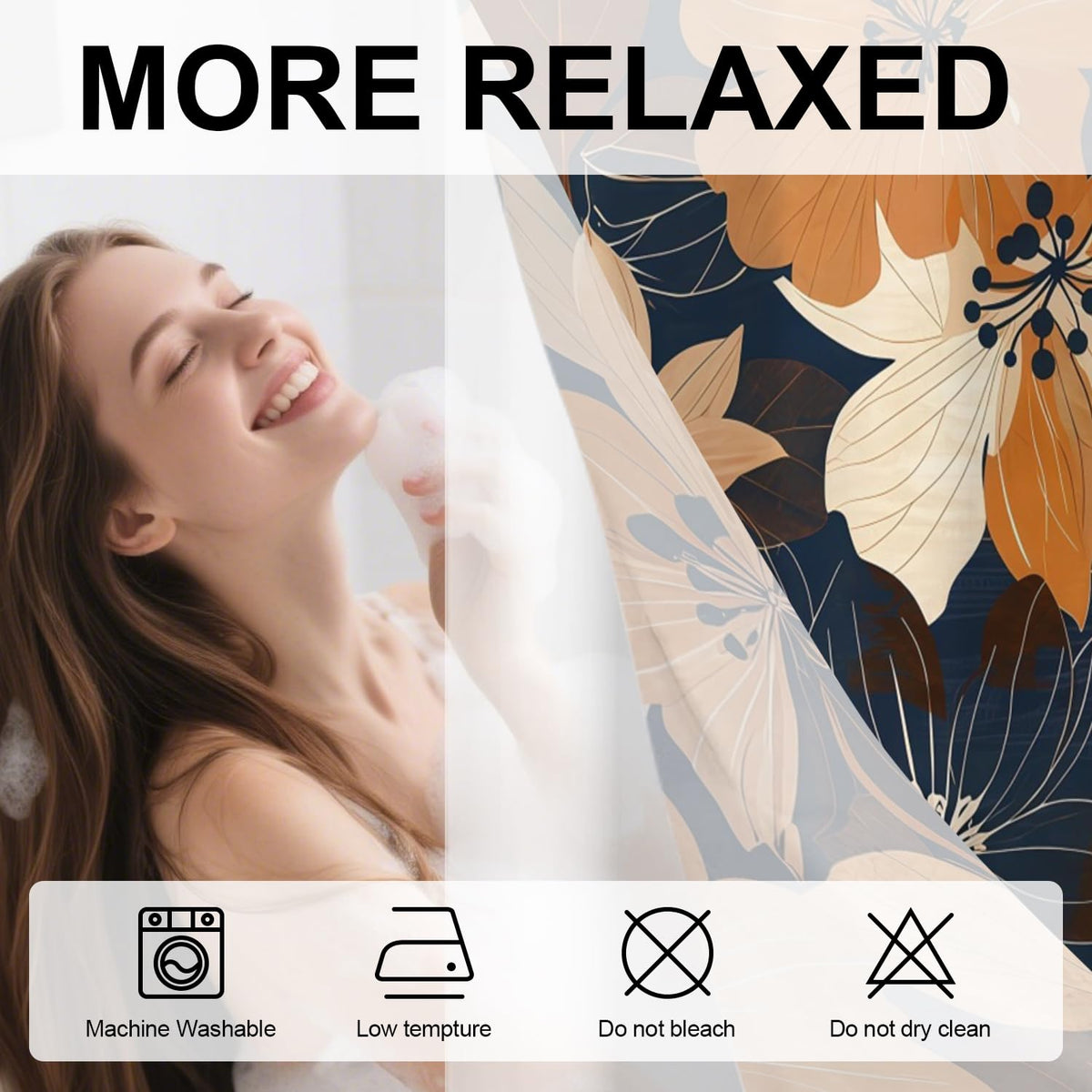 No Hook Boho Flower Shower Curtain with Snap in Liner Set Minimalism Floral Shower Curtain Design Modern Abstract Waterproof Fabric Farmhouse Bathroom Hotel Decor 71x74 Inch (Black Yellow)