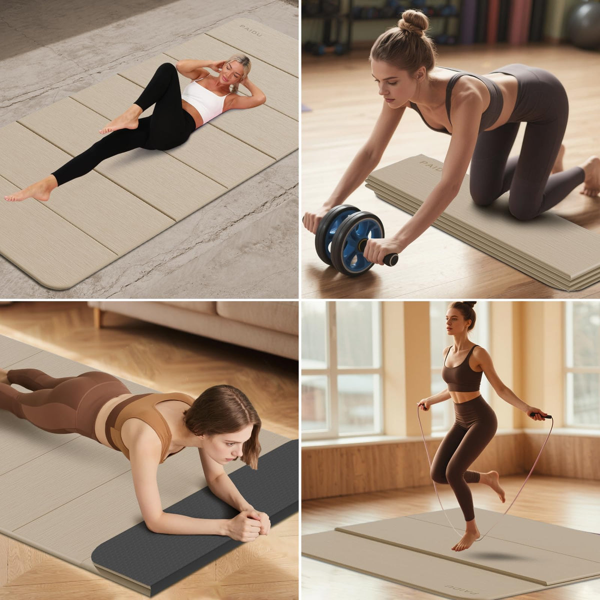 Foldable Yoga Mat 10MM Thick 75‘’x40‘“ Quick Fold Easy Storage (Beige+Black)
