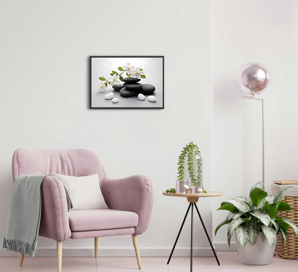 Framed Zen Stone Flower Canvas Wall Art Orchid Flower Black White Zen Stone Picture Wall Decor Still Life Poster Print Artwork for Bathroom Yoga Room Spa Room Meditation Room Office Home Decoration (Framed Stone / 10"L x 8"W)