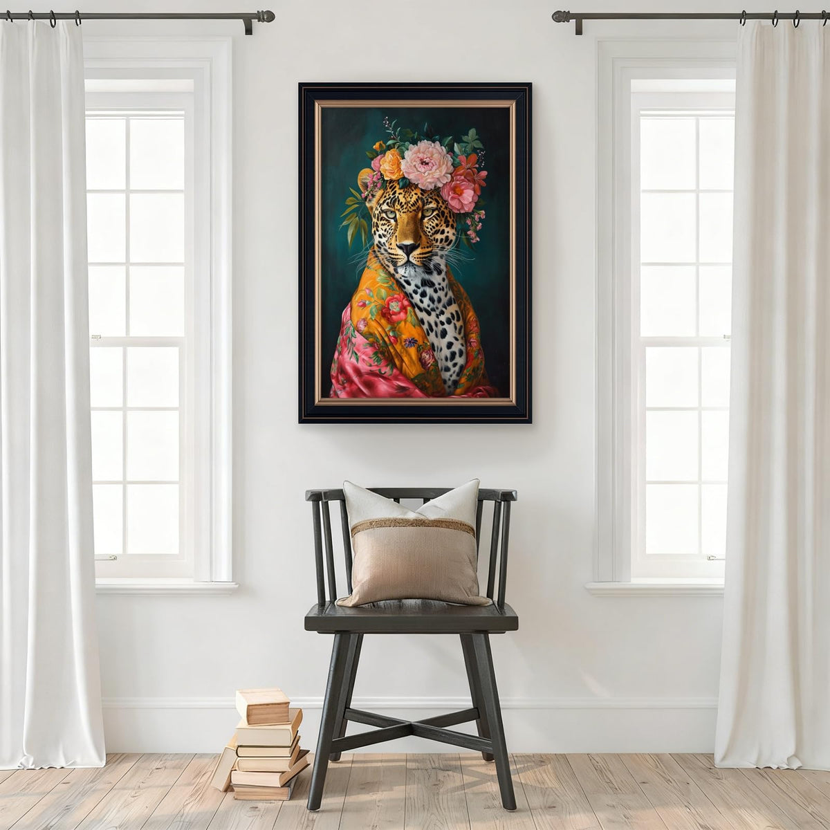 Framed Floral Leopard Wall Art Canvas Print Colorful Crown Cheetah Portrait Poster Vintage Botanical Painting Wild Animal Artwork Maximalist Jungle Picture Living Room Bedroom Decor 16x24inch Black (16"L x 24"W / Style-2 Retro Black Frame)